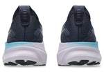 Rear view of ASICS GEL-KAYANO 32 women's running shoes in midnight navy colorway