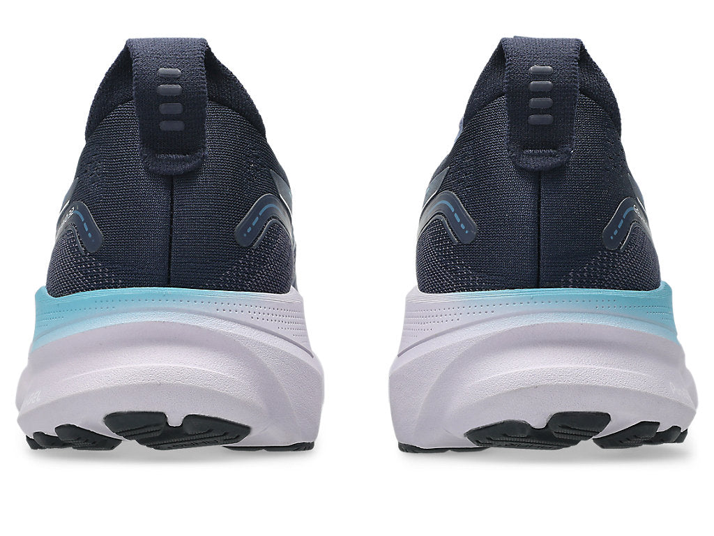 Rear view of ASICS GEL-KAYANO 32 women's running shoes in midnight navy colorway