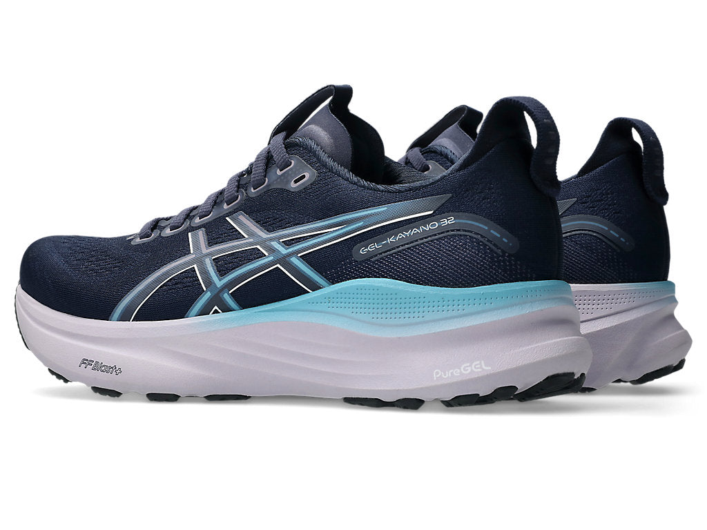 ASICS GEL-KAYANO 32 women's running shoes in midnight navy with light blue accents