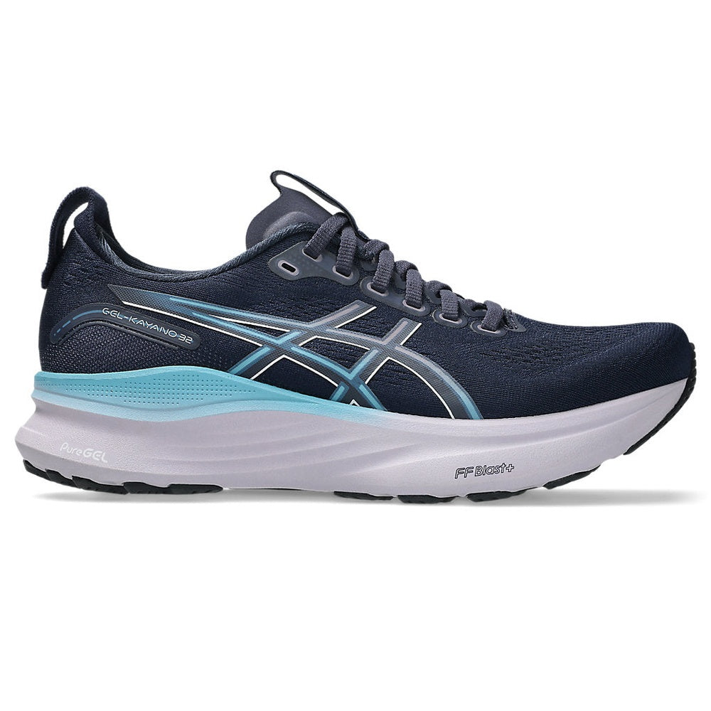 ASICS GEL-KAYANO 32 women's running shoe in midnight navy with aqua blue accents