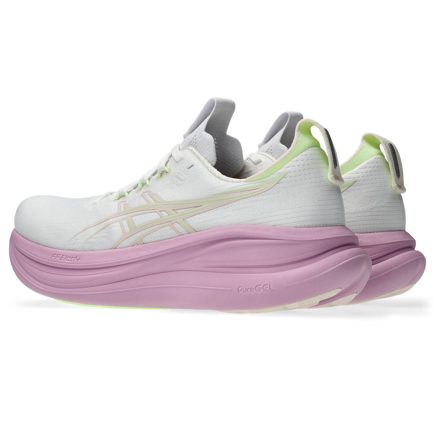 ASICS Gel Nimbus 28 running shoe in white with hazy lilac pink sole