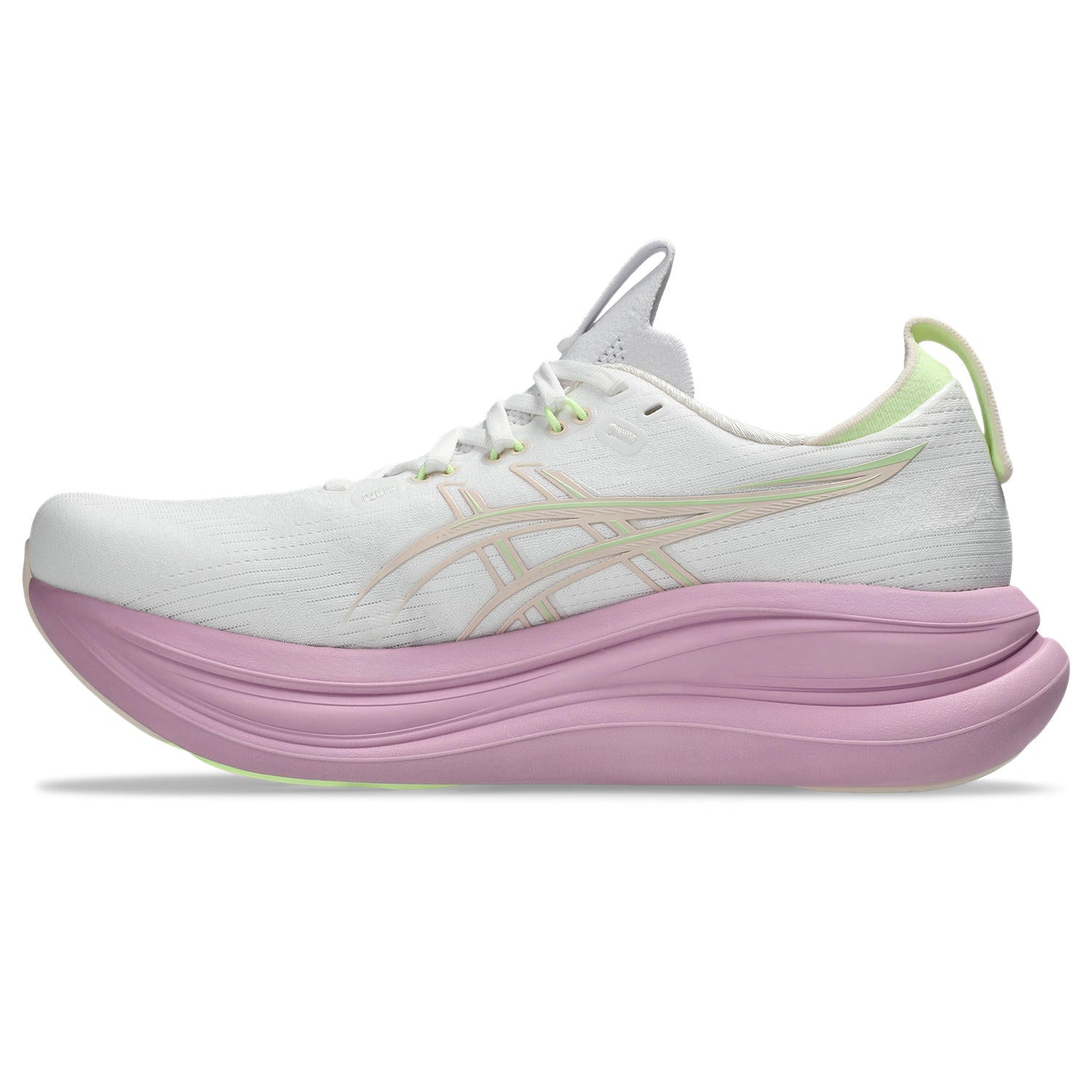 ASICS Gel Nimbus 28 running shoe in white with hazy lilac midsole and green accents