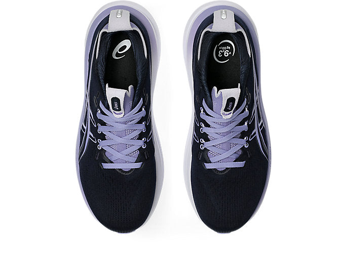 ASICS Gel Nimbus 28 running shoes in midnight blue with purple laces top view