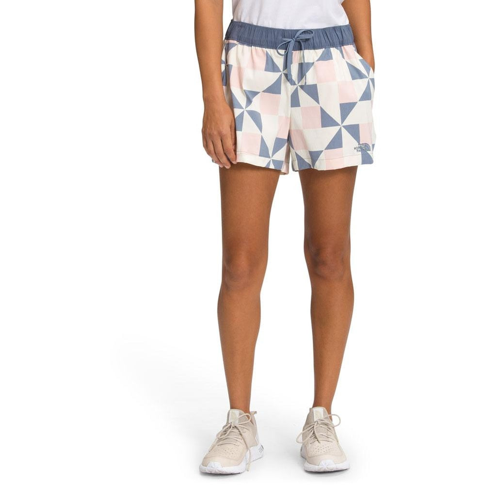 The North Face women's shorts with geometric triangle pattern in pink and blue