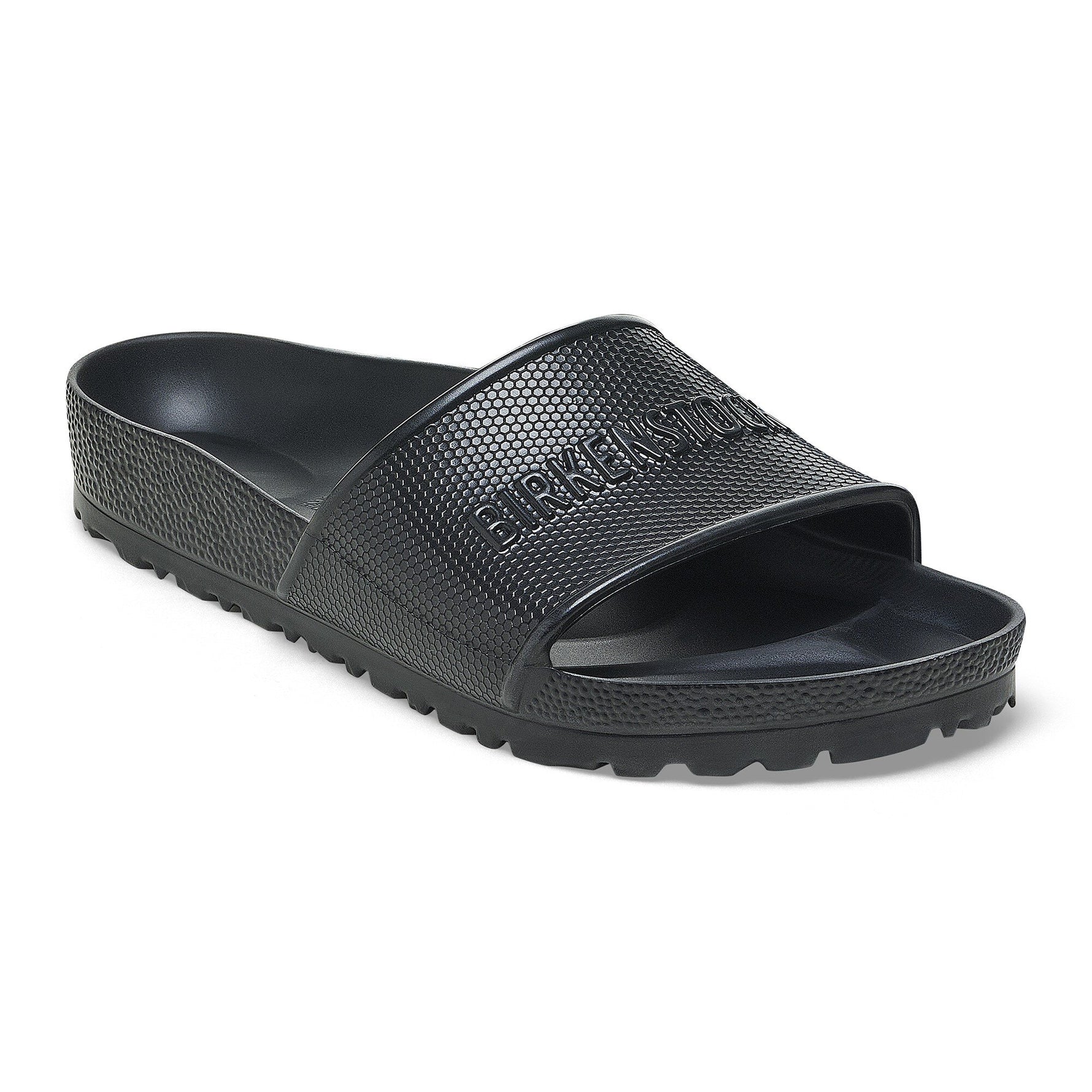 Black Birkenstock Barbados EVA slide sandal with textured strap and molded footbed
