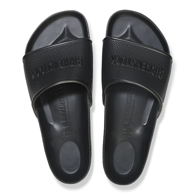 Black Birkenstock Barbados EVA slide sandals with textured strap and molded footbed