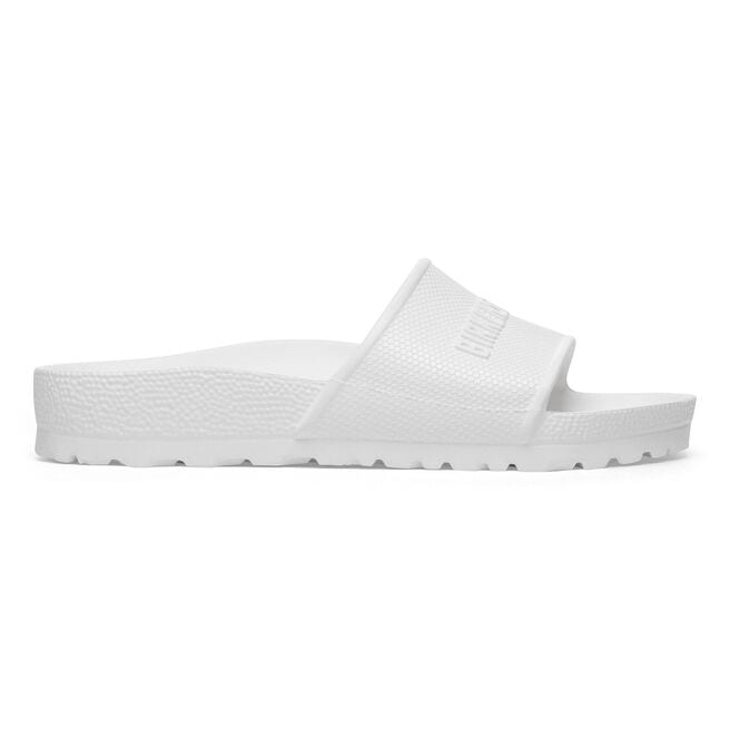 White Birkenstock Barbados EVA slide sandal with textured strap and sole