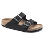 Birkenstock Arizona black two-strap sandals with cork footbed and silver buckles
