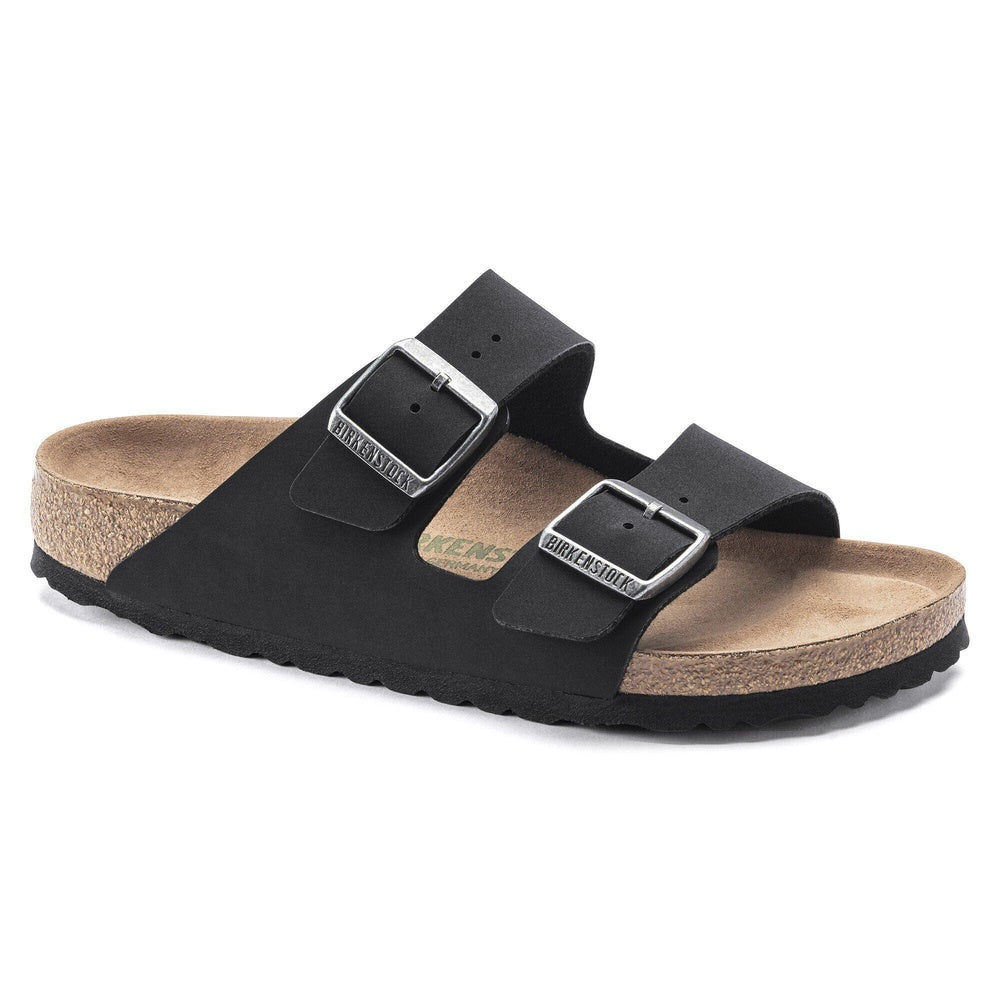Birkenstock Arizona black two-strap sandals with cork footbed and silver buckles