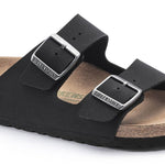 Black Birkenstock Arizona sandals with two adjustable buckle straps on white background