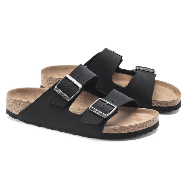 Birkenstock Arizona black two-strap sandals with cork footbed and silver buckles