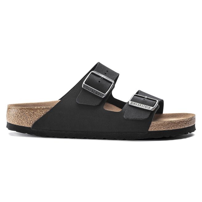 Black Birkenstock Arizona sandals with two buckle straps and cork footbed