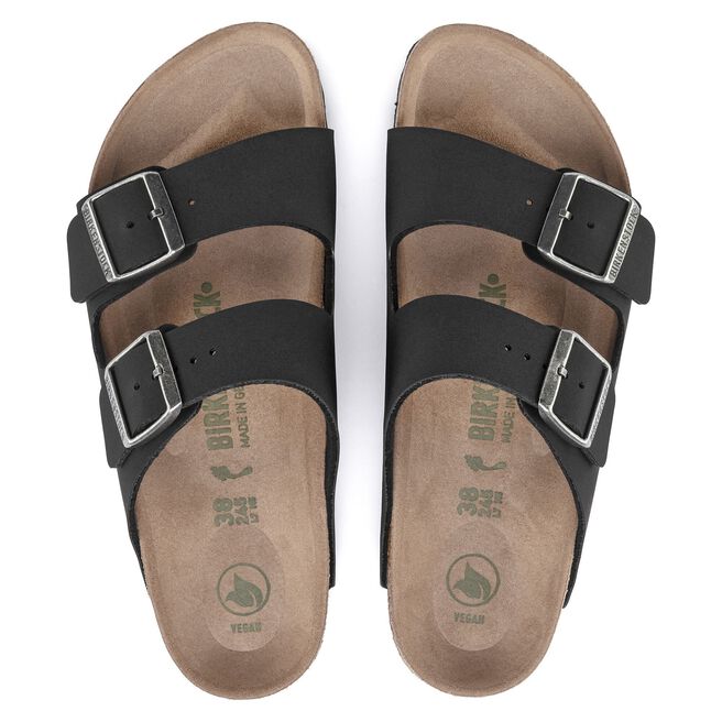 Birkenstock Arizona sandals with black straps and cork footbed, top view