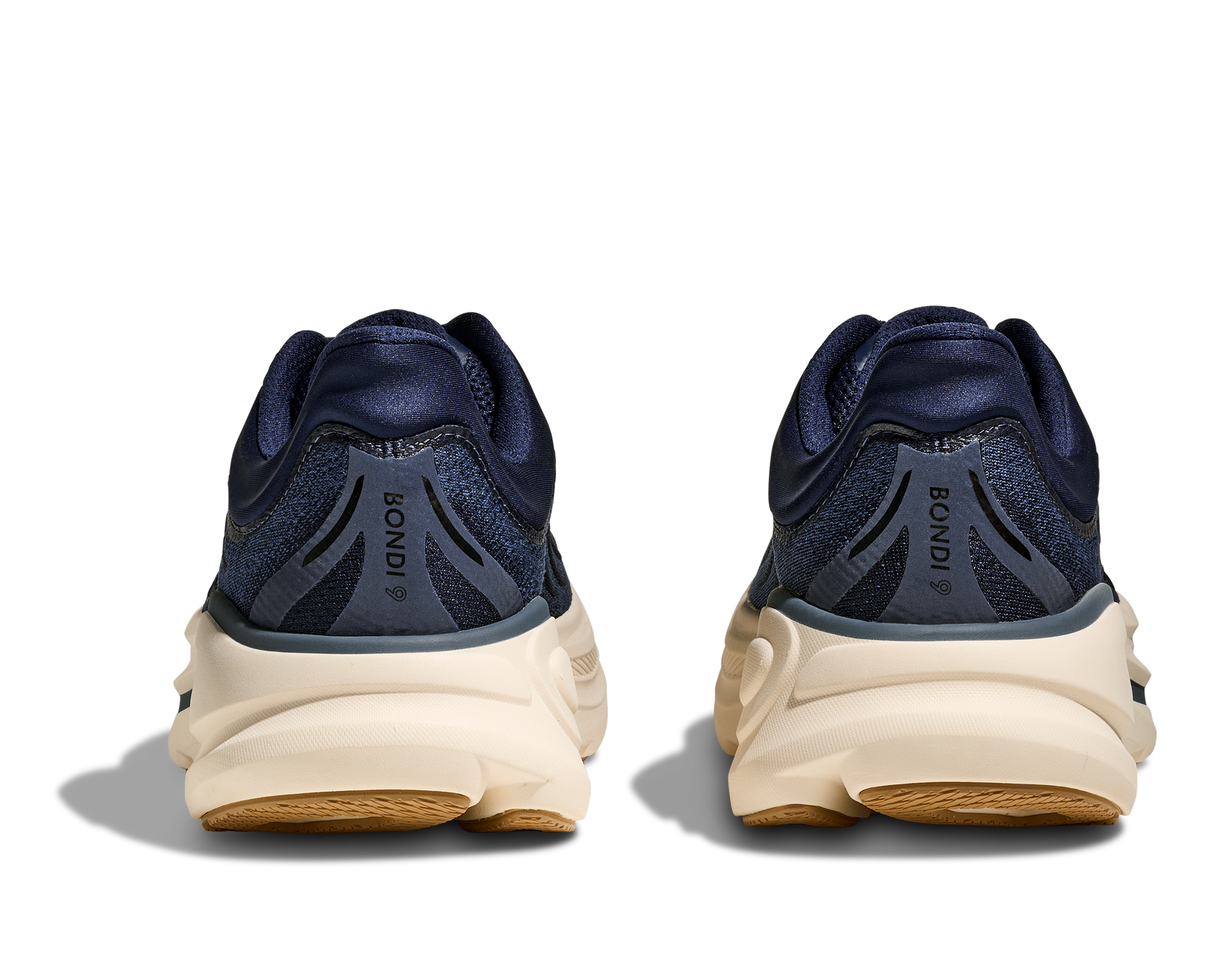 Hoka Bondi 9 men's running shoes in midnight blue colorway, rear view