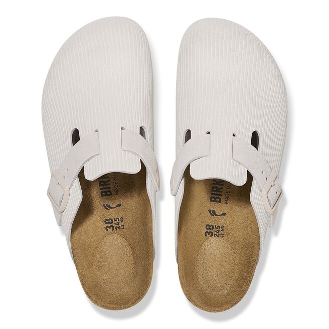 Birkenstock Boston clogs in light corduroy textured material with cork footbed