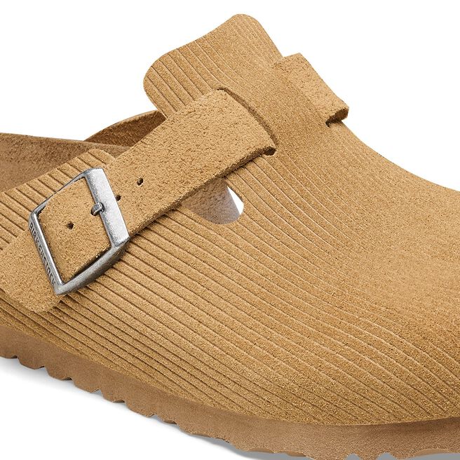 Birkenstock Boston suede clog in cork brown with embossed corduroy texture and buckle strap
