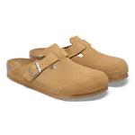 Birkenstock Boston clogs in cork brown corduroy suede with adjustable buckle straps