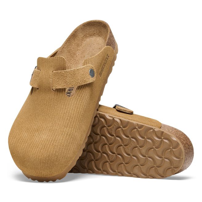 Birkenstock Boston suede clogs in cork brown with adjustable strap and cork sole