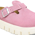 Birkenstock Boston chunky clog in candy pink suede with silver buckle
