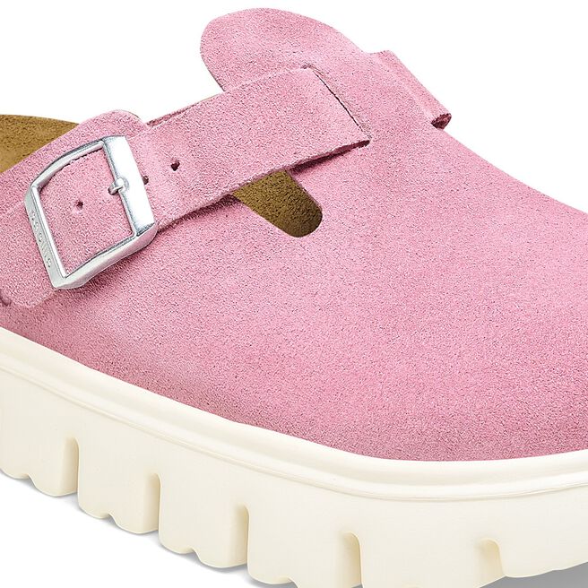 Birkenstock Boston chunky clog in candy pink suede with silver buckle