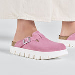 Pink Birkenstock Boston Chunky suede clogs with white platform sole and buckle strap
