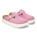 Pink Birkenstock Boston Chunky suede clogs with buckle straps on white background