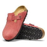 Birkenstock Boston clogs in coral red embossed suede with cork footbed and buckle strap