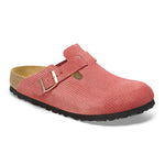 Birkenstock Boston clog in coral pink embossed suede with adjustable buckle strap