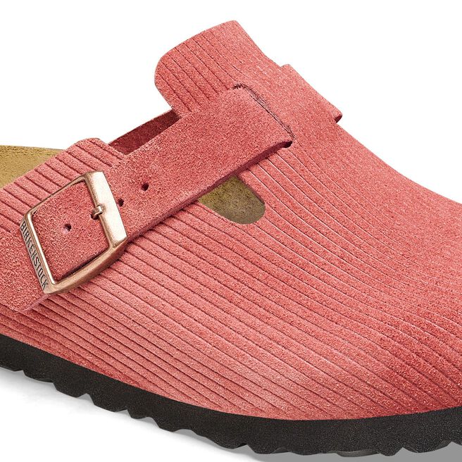 Birkenstock Boston clog in coral pink embossed suede with adjustable strap