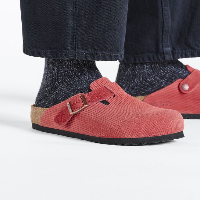 Birkenstock Boston clogs in coral red corduroy with adjustable buckle strap