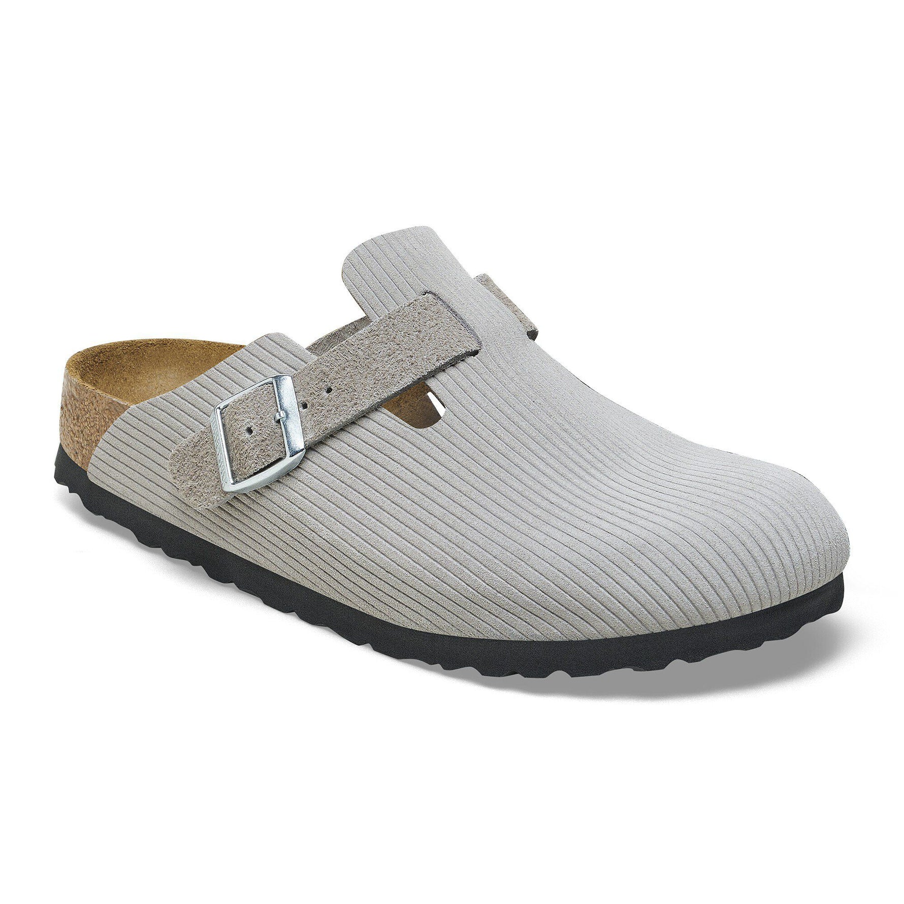 Birkenstock Boston clog in stone corduroy suede with adjustable strap and contoured footbed