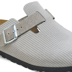 Birkenstock Boston clog in corduroy stone suede with adjustable buckle strap