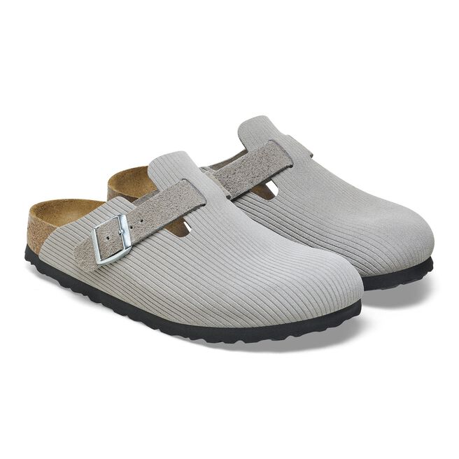 Birkenstock Boston clogs in light gray corduroy texture with adjustable buckle strap