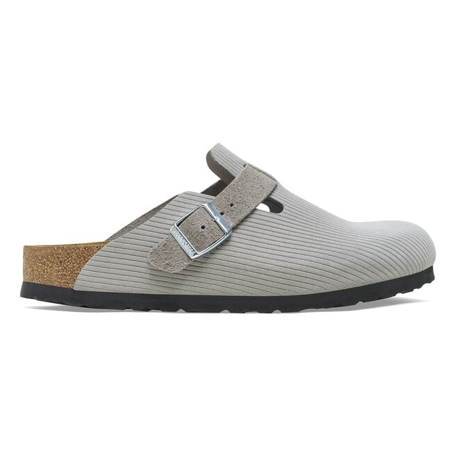Birkenstock Boston clog in stone gray corduroy suede with adjustable buckle strap