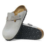Birkenstock Boston clogs in light gray corduroy textured suede with cork footbed