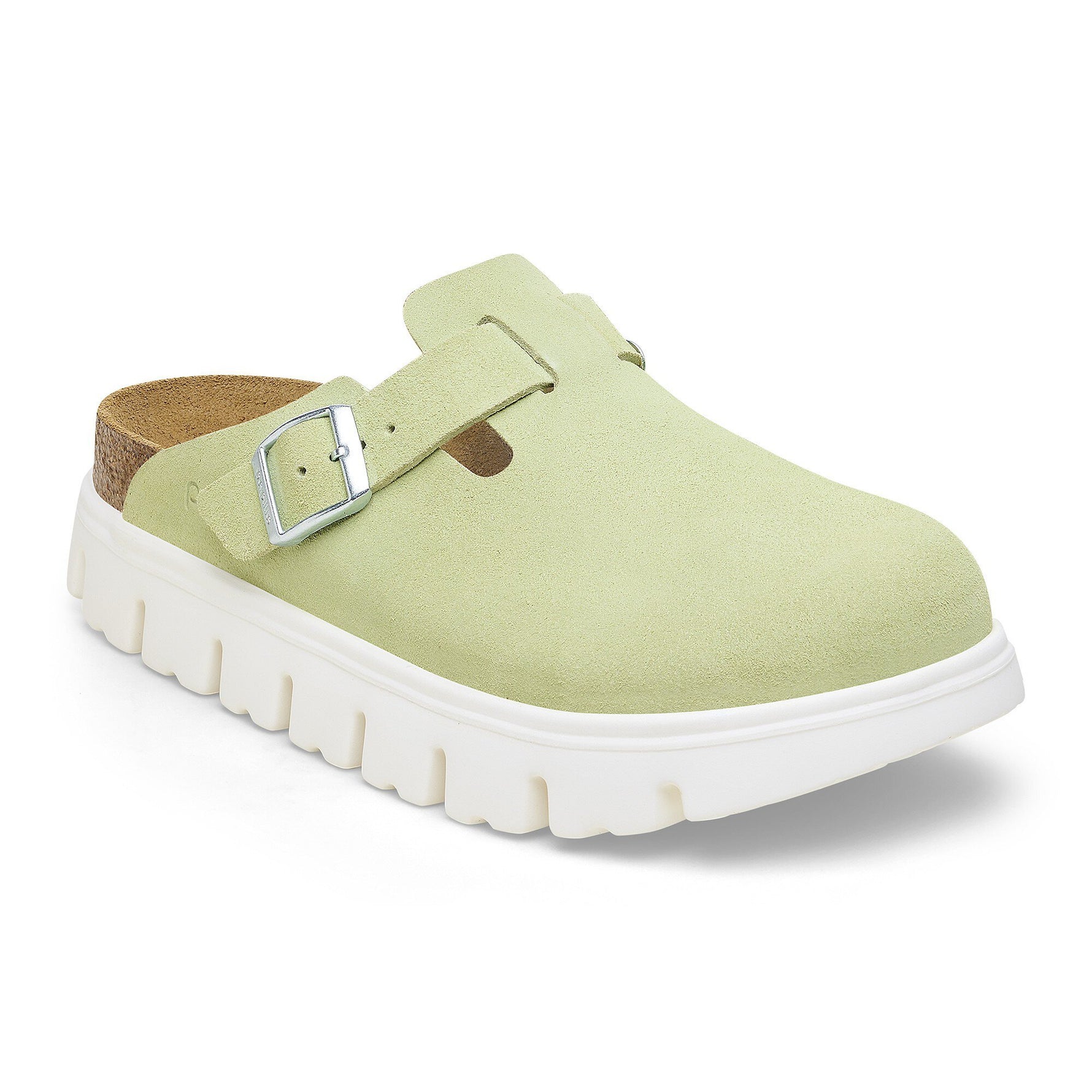 Birkenstock Boston Chunky clog in sage green suede with white platform sole