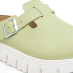 Birkenstock Boston chunky clog in light green suede with silver buckle
