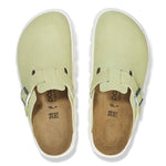 Birkenstock Boston clogs in faded lime green suede with cork footbed