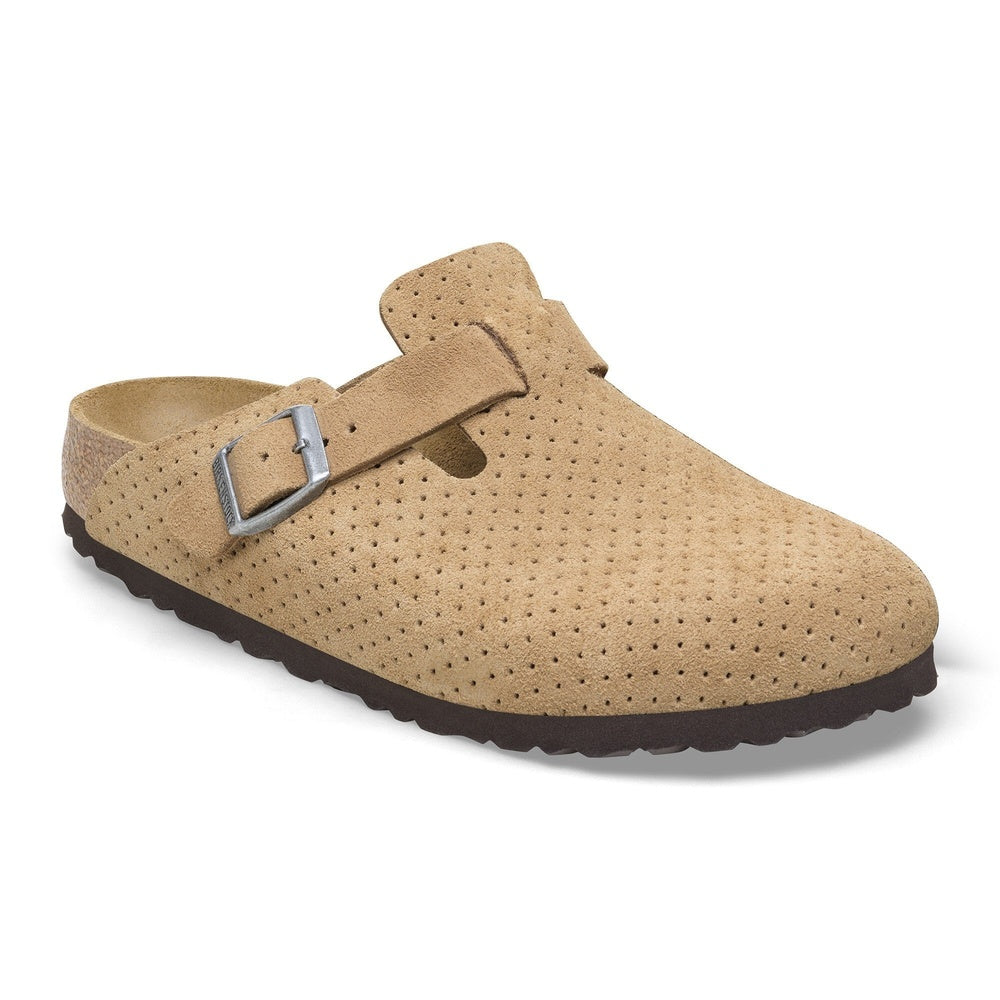 Birkenstock Boston suede clog in dotted beige with perforated design and buckle