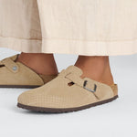 Birkenstock Boston Suede Embossed clogs in dotted beige on model's feet