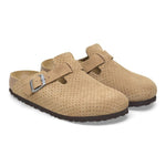 Birkenstock Boston suede clogs in dotted beige with adjustable buckle strap