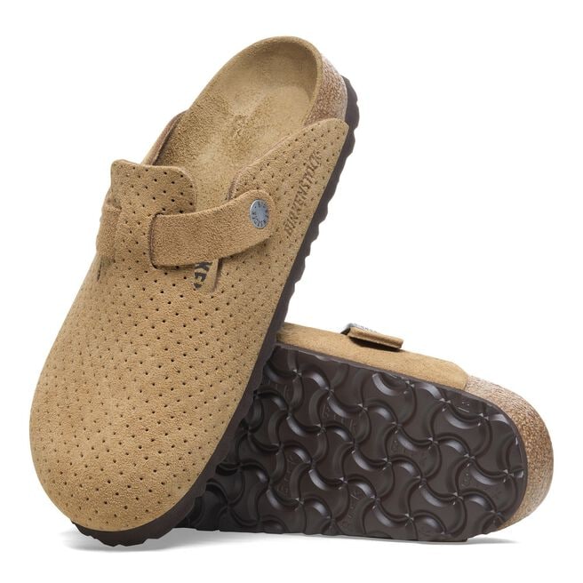 Birkenstock Boston suede clogs in dotted beige with perforated pattern and buckle strap