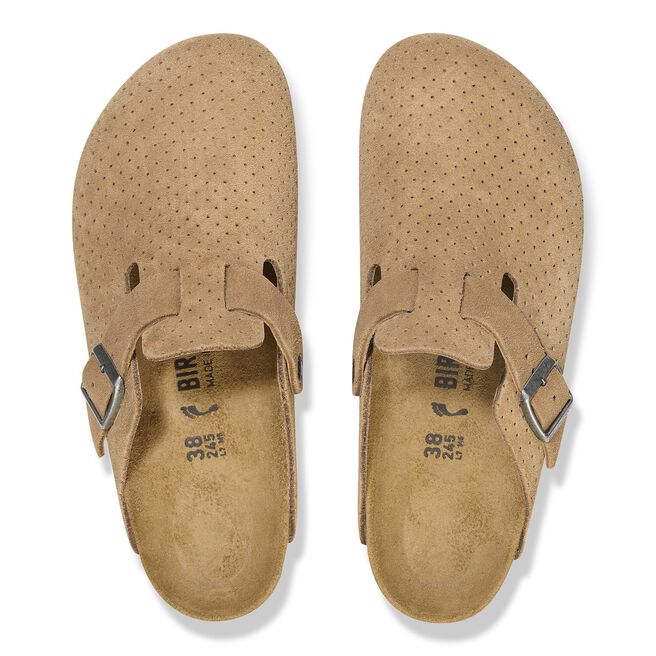 Birkenstock Boston clogs in dotted beige suede with adjustable straps