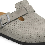 Birkenstock Boston clog in dotted stone suede with adjustable buckle strap