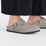 Birkenstock Boston clogs in dotted stone gray suede with adjustable buckle strap