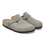 Birkenstock Boston clogs in dotted stone gray suede with perforated design