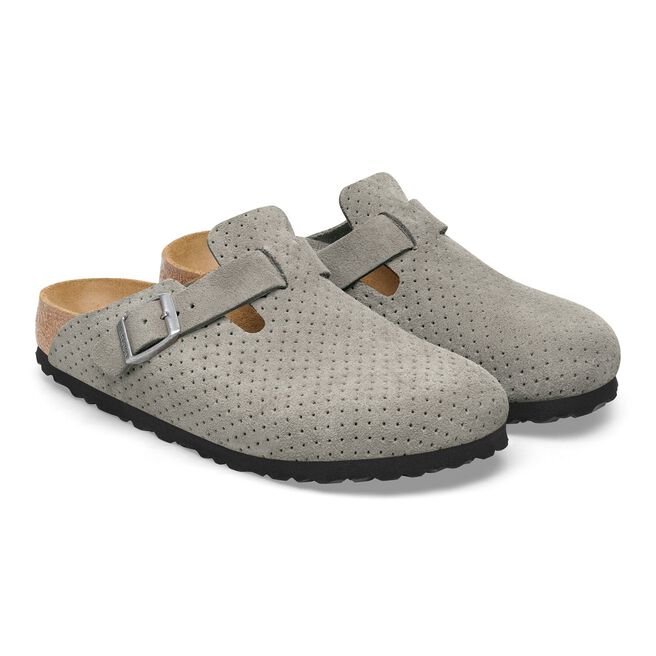Birkenstock Boston clogs in dotted stone gray suede with perforated design