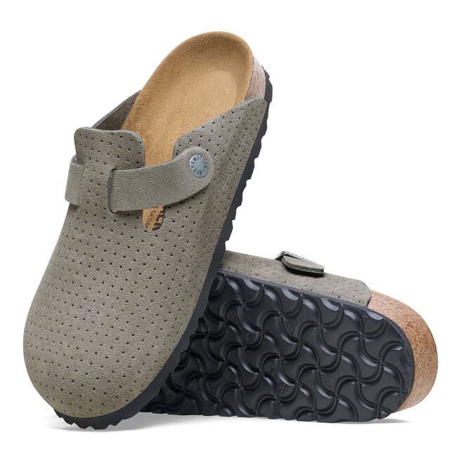 Birkenstock Boston suede clogs in dotted stone coin color with perforated pattern