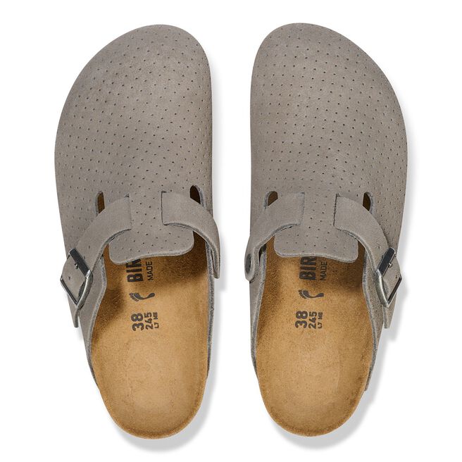Birkenstock Boston clogs in dotted stone suede with perforated pattern and adjustable buckle strap