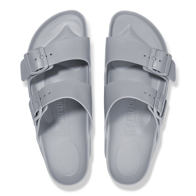 Birkenstock Arizona Essentials EVA sandals in stone coin gray with dual buckle straps